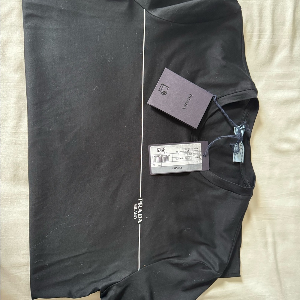 Prada Black Tee with White Center Stripe and Logo